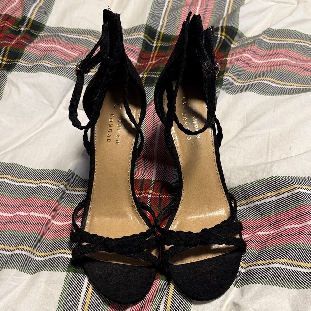 LC Lauren Conrad Womens Black Braided Strappy Stiletto Heel Sandals‎ Back Zip